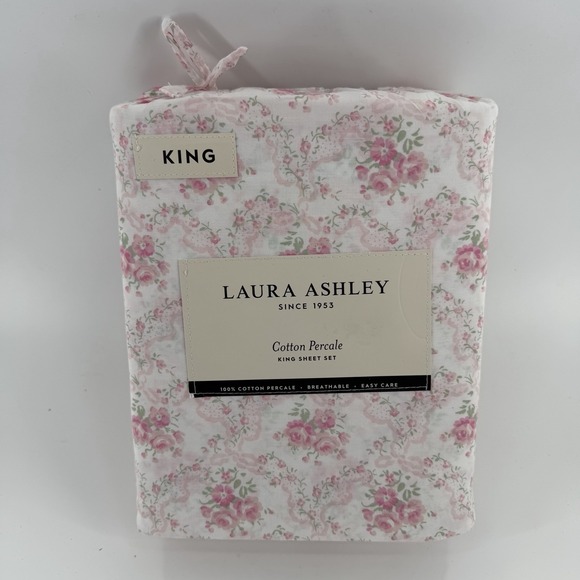 NWT LAURA ASHLEY Evie King Size Pink / Green Floral Cotton Percale Sheet Set